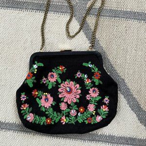 Clare V floral embroidered & leather clutch with chain